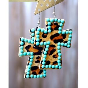 NEW-Cross Leopard & Turquoise Earrings